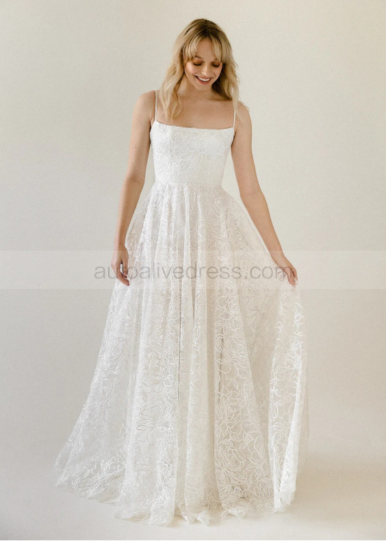 Straight Neck Ivory Sequined Lace Wedding Dress